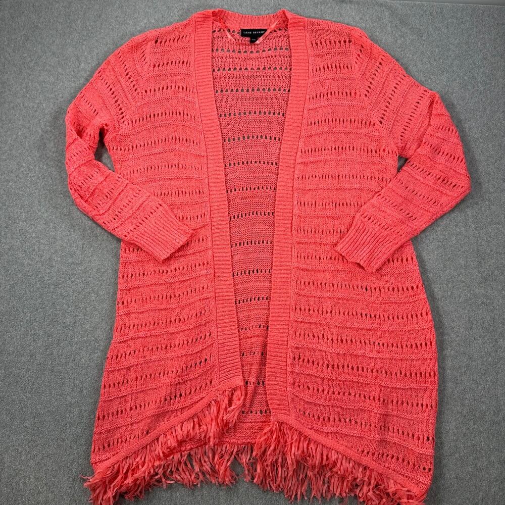 Lane Bryant Open Knit Fringe Duster Cardigan Women's 14/16 Coral Pink Open